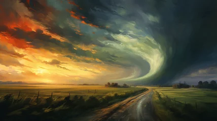 Fotobehang drawing of a tornado on the road in a field sunset colors. © kichigin19