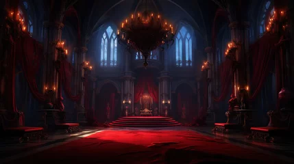 Fotobehang Vampire Dracula castle interior, victorian red furnitures. Halloween concept. Generative AI © AngrySun