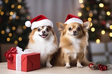 Fototapeta na wymiar two dogs with santa's hats on top of gift boxes
