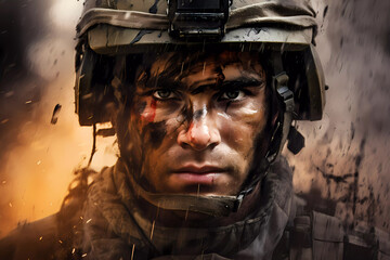 A close-up portrait of a soldier with intense eyes