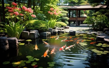 Fototapeta premium A serene pond in a Japanese Zen garden, where koi fish glide beneath the surface. Generative AI