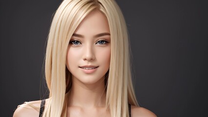 Naklejka premium Smiling young woman with blonde long groomed hair isolated on pastel flat background with copy space. Blonde hair care products banner template, hair salon