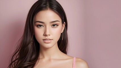 Fototapeta premium Portrait of beautiful young woman with clean fresh skin on pink background.