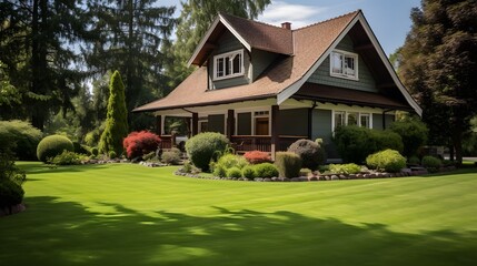 A well-kept house with a mowed lawn. - obrazy, fototapety, plakaty