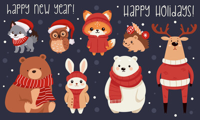 Set of vector illustrations for New Year on dark background. Animals in winter clothes and Santa Claus hat. Bear, hare, deer, elk, fox, owl, wolf, hedgehog. New Year inscriptions. Vector illustration