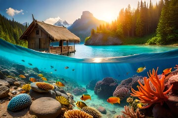  An underwater paradise teeming with colorful coral reefs and exotic fish, illuminated by soft rays of sunlight penetrating the crystal-clear water