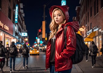 Fototapeta premium close up A young blonde girl in a red jacket with a hood and with a backpack on the street of the evening city illuminated by neon light