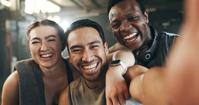 Happy people, friends and selfie in fitness, photography or memory together after workout at gym. Portrait of group smile in happiness for photograph, picture or social media at indoor health club