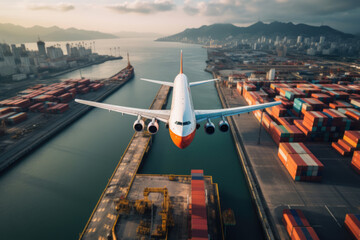 Plane flying over container port in a big city. Transportation and logistics concept - obrazy, fototapety, plakaty