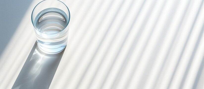 Morning Light Casting Shadows Through Blinds Onto White Table With Glass Of Water Viewed From Above