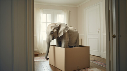 elefant in small room, concept of cramped condition with space constraints, lack of space in living room