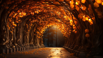 a luminous romantic autumn podium fairy tale forest, the rays fog in a round arch of yellow trees.