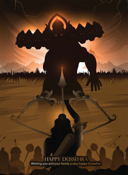 creative poster,banner illustration of hand lettring calligraphy of indian festival dussehra with Lord Rama holding Bow and Arrow killing ravana.