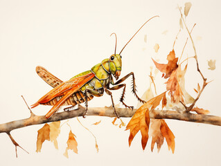 A Minimal Watercolor of a Grasshopper in an Autumn Setting