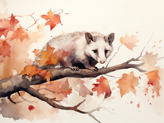 A Minimal Watercolor of a Opossum in an Autumn Setting