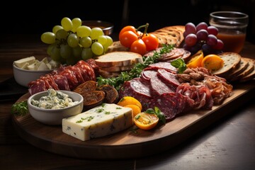 Charcuterie board with assorted meats and cheeses, Generative AI