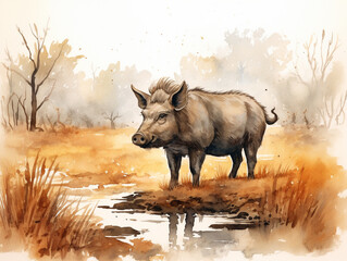 A Minimal Watercolor of a Warthog in an Autumn Setting