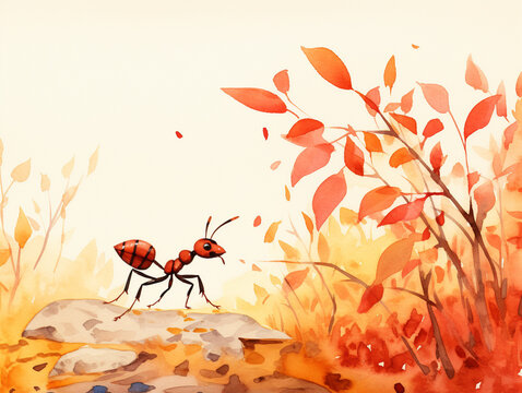 A Minimal Watercolor of an Ant in an Autumn Setting