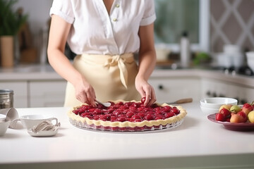 Women's hands put berry filling into the dough. Making a pie in home kitchen.
