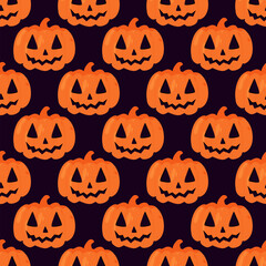 Vector seamless vector pattern with pumpkin for Halloween. Seamless texture with carved pumpkin. Festive background for wrapping paper, fabric, textile, scrapbooking.