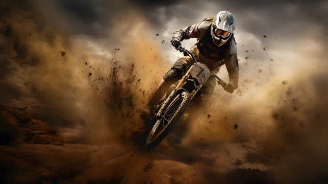 Immerse yourself in the world of off-road biking with this high-octane image. A mountain biker powers through a cloud of dust, their determination evident in every muscle.