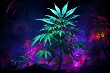 Vibrant portrayal of hemp plant under mesmerizing neon lights, offering a unique view on cannabis cultivation. Generative AI