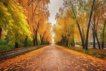 Beautiful autumn avenue with colorful foliage. Generative AI