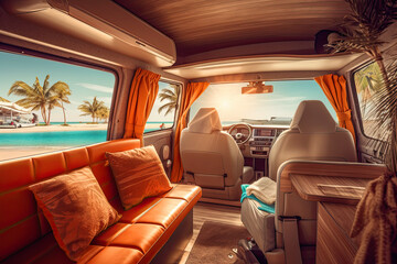 vanlife, Beautiful camper van interior view, with a beach landscape outside