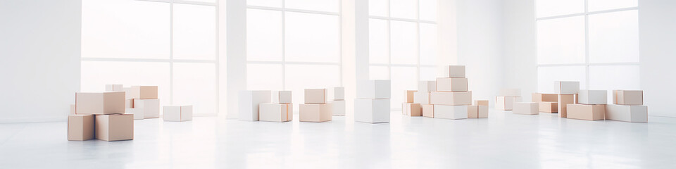 Obraz premium cardboard boxes isolated on a long narrow white background panorama row.