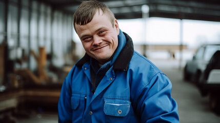 Cheerful young man with down syndrome working in a mechanical workshop, social inclusion concept. Generative AI - obrazy, fototapety, plakaty