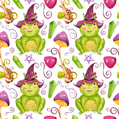Watercolor pattern, gemstones, magic frog, mushrooms, stars on white background. For various products, wrapping etc.