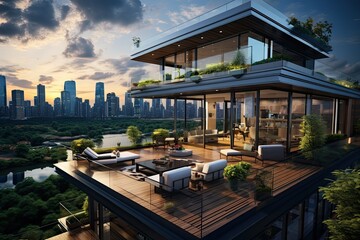 modern house rooftop at center of the city with sky view