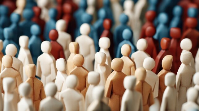 Many wooden humans, many people around. overpopulation concept, banner with a lot of diverse people