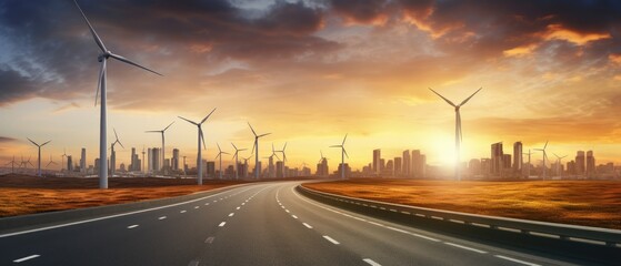 Long road on wind turbines produce electricity filed in sunset with blurred big city background, Renewable Energy Green energy in full development, Generative AI