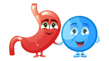 Cute happy stomach and tablet characters holding hands and smiling