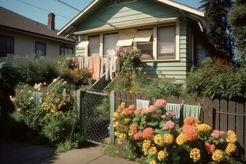 Fototapeta na wymiar Dispute between neighbors. House with flowers and laundry on street. Generative AI