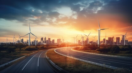 Fototapeta na wymiar Long road on wind turbines produce electricity filed in sunset with blurred big city background, Renewable Energy Green energy in full development, Generative AI