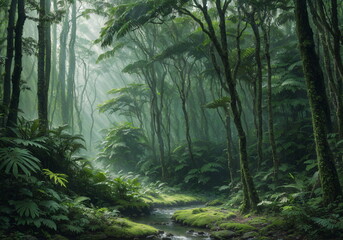 Tranquil Trail: Meandering Through the Lush Foliage of the Foggy Woods