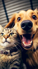 Best buddy friends taking a selfie, cat and dog smile into the camera, generative ai 