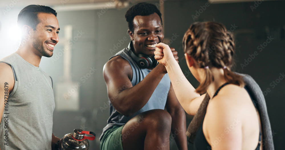 Poster Happy man, friends and high five in team fitness or workout in exercise, motivation or gym together. People touching hands in success for sports training, healthy wellness or group in body goals