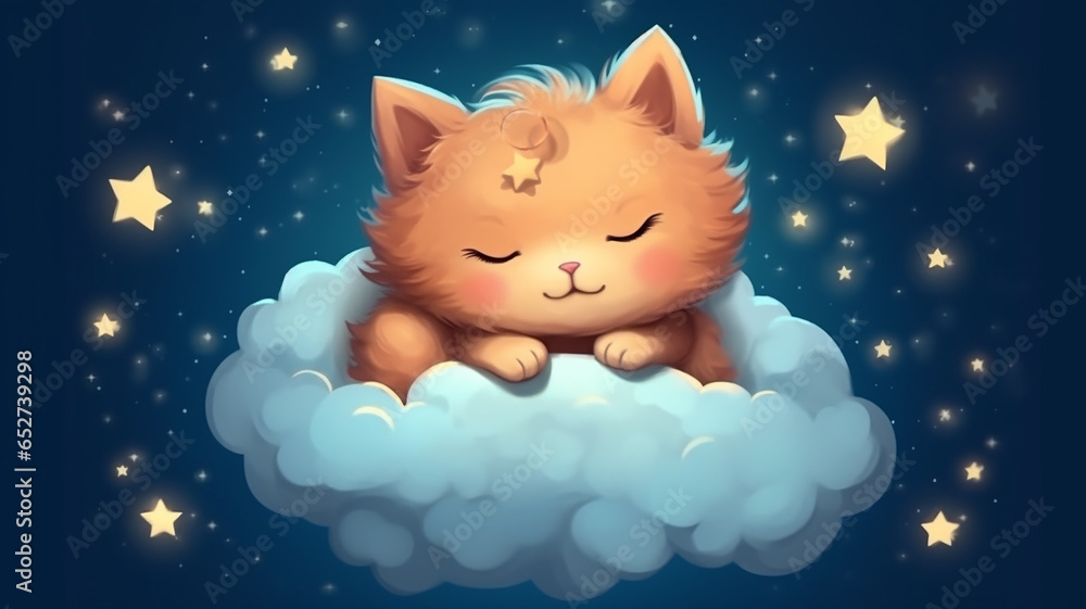 Wall mural cute kitten sleeping on a cloud watercolor drawing.