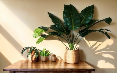 Fototapeta premium Wooden Table with Tropical Plant and Sunlight ai generated