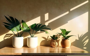 Wooden Table with Tropical Plant and Sunlight ai generated