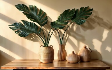 Wooden Table with Tropical Plant and Sunlight ai generated