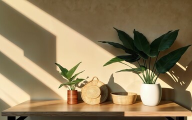 Wooden Table with Tropical Plant and Sunlight ai generated