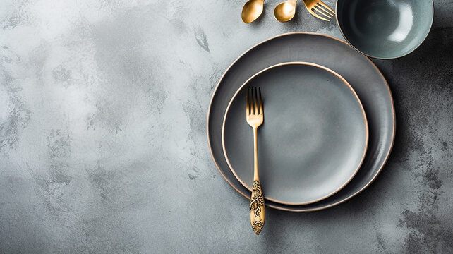 grey grunge background with copy space restaurant serving plate fork knife.