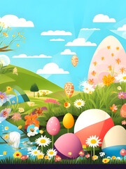 Fototapeta na wymiar spring landscape with Easter elements incorporated, such as blooming flowers, decorated eggs, created on Adobe Illustrator