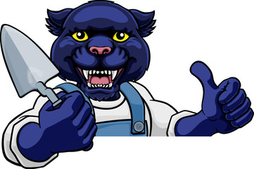 A panther bricklayer builder construction worker mascot cartoon character holding a trowel tool and peeking around a sign giving a thumbs up