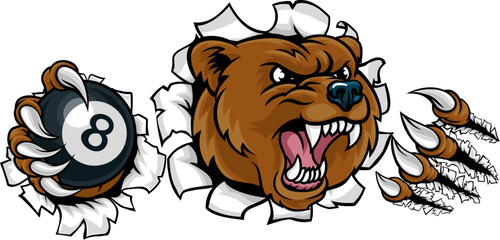A bear angry mean pool billiards mascot cartoon character holding a black 8 ball.