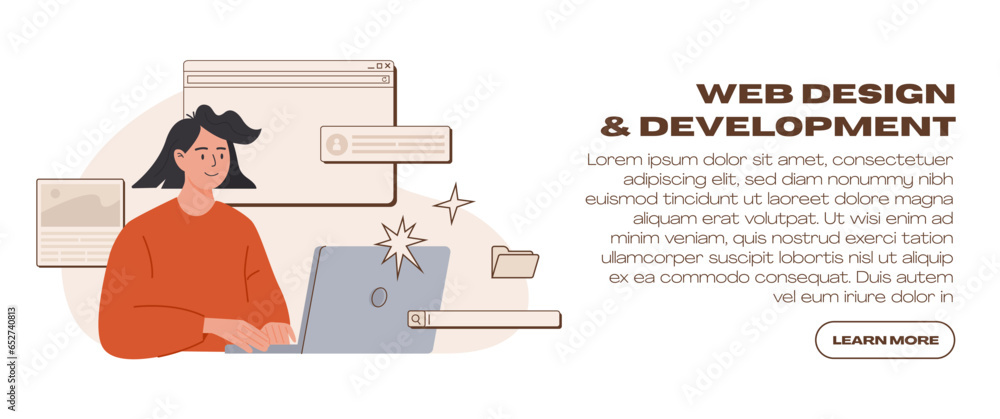 Poster web ui ux design website development web banner template. female freelancer at work creating content